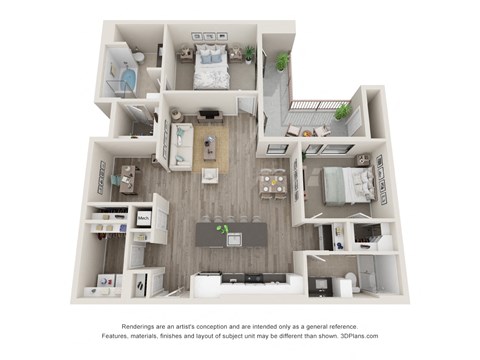 Floor plan for 2 beds, 2 baths, 1381 sqft
